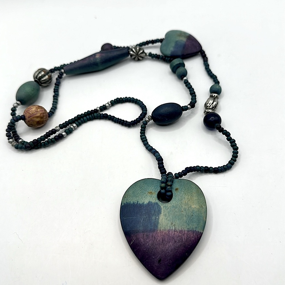 Wooden hand painted two heart necklace with sea beads and embellishments